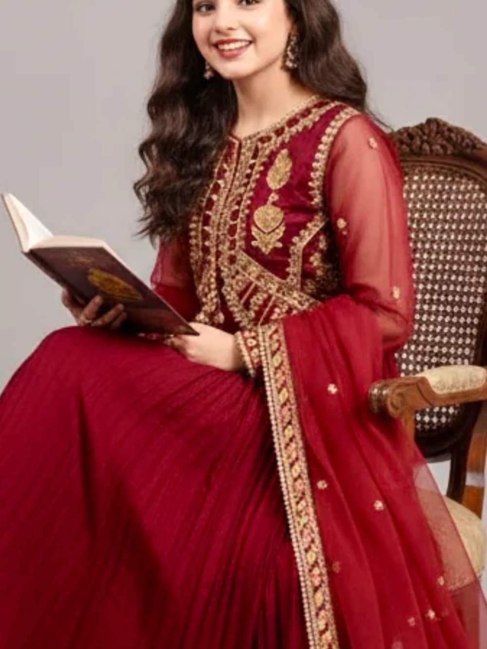 Elegant Women's Embroidered Maroon  Dress